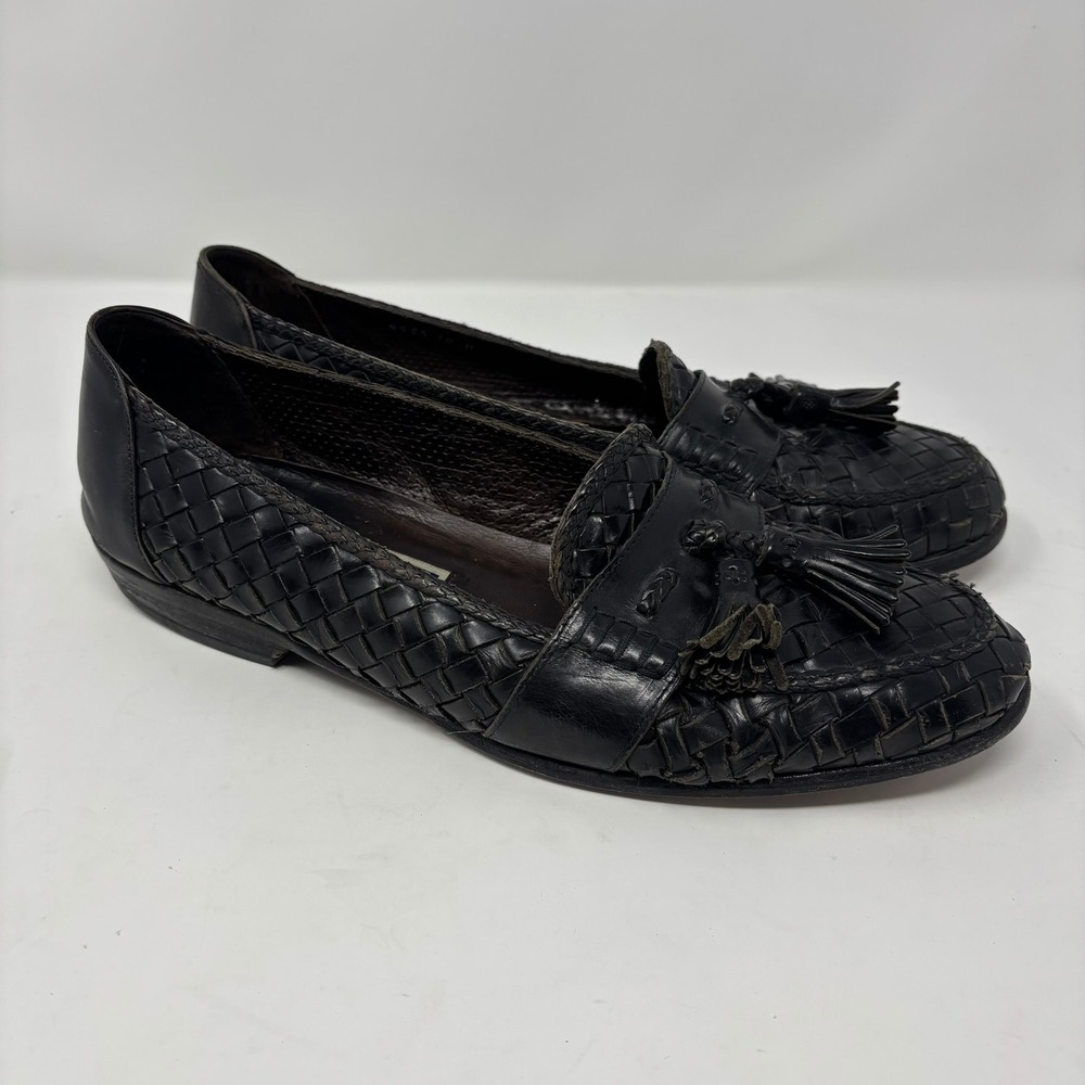 Bragano by Cole Haan Loafers Mens 10 Black Woven Leather Tassel Italy 4435